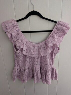 House Of Harlow 1960 Lavender Lace Ruffle Peplum Top